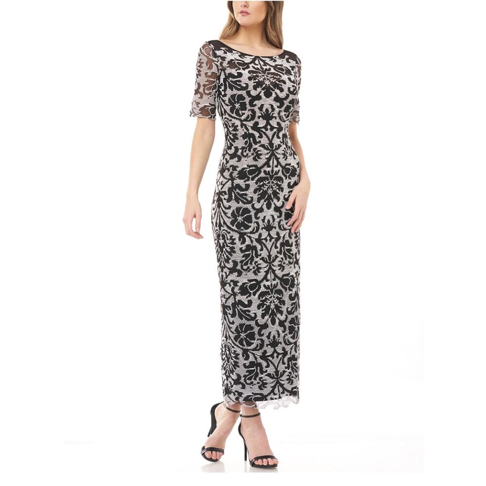 JS Collections Embroidered Lace Column Evening Gown Black and White Size 4 Dress